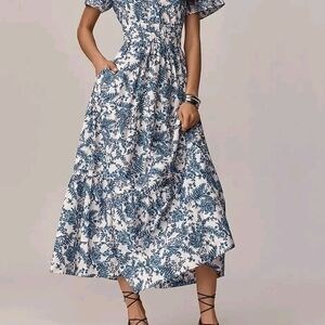 Maeve Anthropologie Somerset Blue  White Maxi Dress Fern Toile SZ Medium Chic